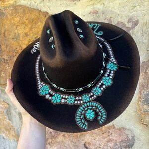 New One Size  “Turquoise Junkie” Hand burned & Painted hat